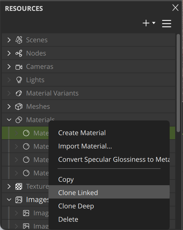 Context Menu for the material shows &quot;Clone linked&quot; and &quot;Clone Deep&quot;